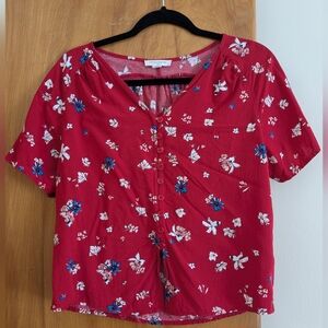 Beachlunchlounge Red Floral Button Up Tie Bottom Blouse